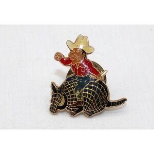 Vintage 80s COWBOY RIDING AN ARMADILLO Pin - Hat Lapel Pin Tie Tack Pinback